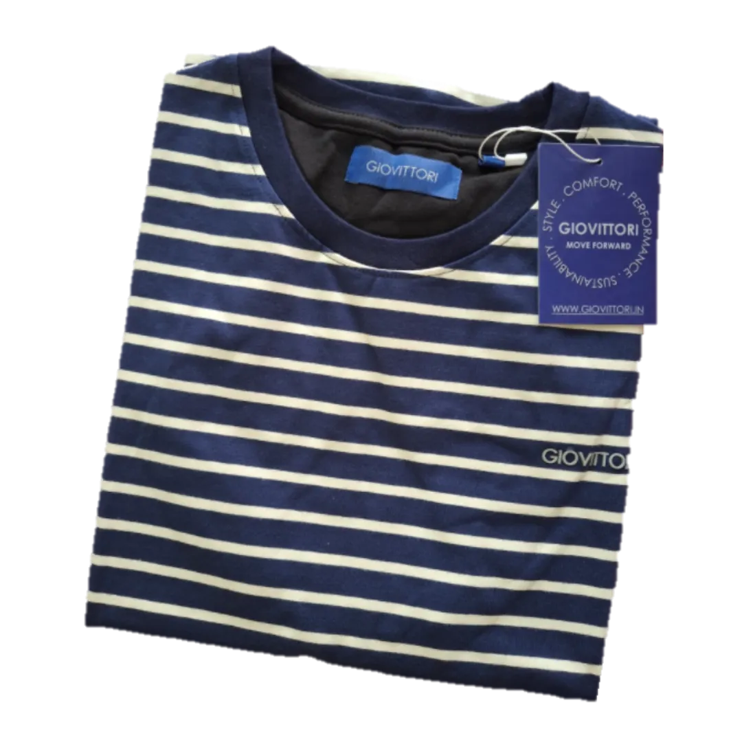 GIOVITTORI Classic Striped Cotton-Elastane T-Shirt, Round Neck, Short Sleeve, Navy/White