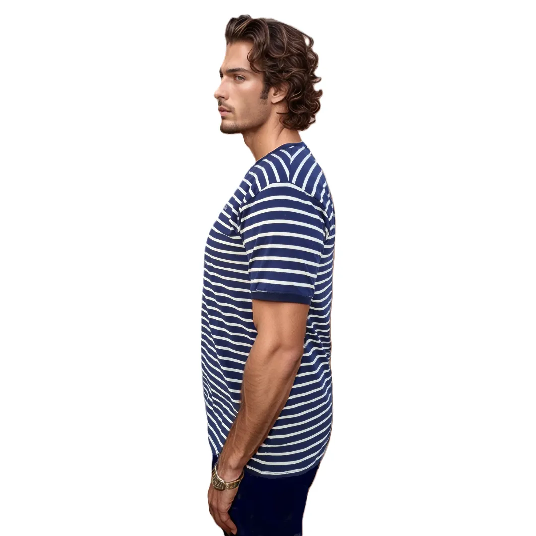 GIOVITTORI Classic Striped Cotton-Elastane T-Shirt, Round Neck, Short Sleeve, Navy/White