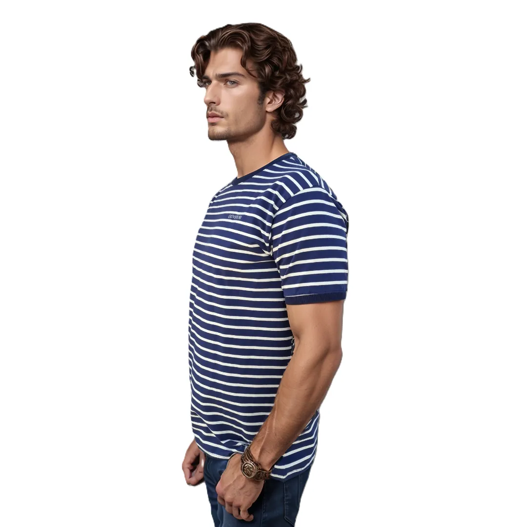 GIOVITTORI Classic Striped Cotton-Elastane T-Shirt, Round Neck, Short Sleeve, Navy/White