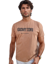 GIOVITTORI Cotton Round Neck Printed T-Shirt, Short Sleeve, Peach