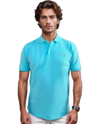 GIOVITTORI Men's 100% Cotton Collar T-Shirt, Short Sleeve, Lt Turquoise